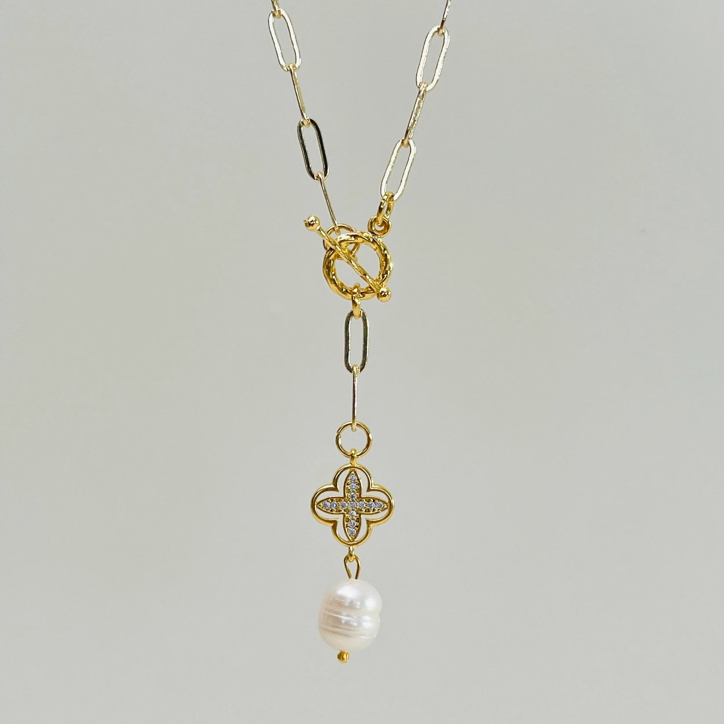 Pave Clover + Pearl Lariat Necklace