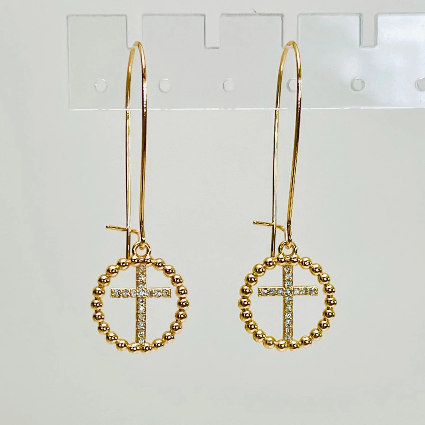 Pave Crystal Cross Long Wire Drop Earrings