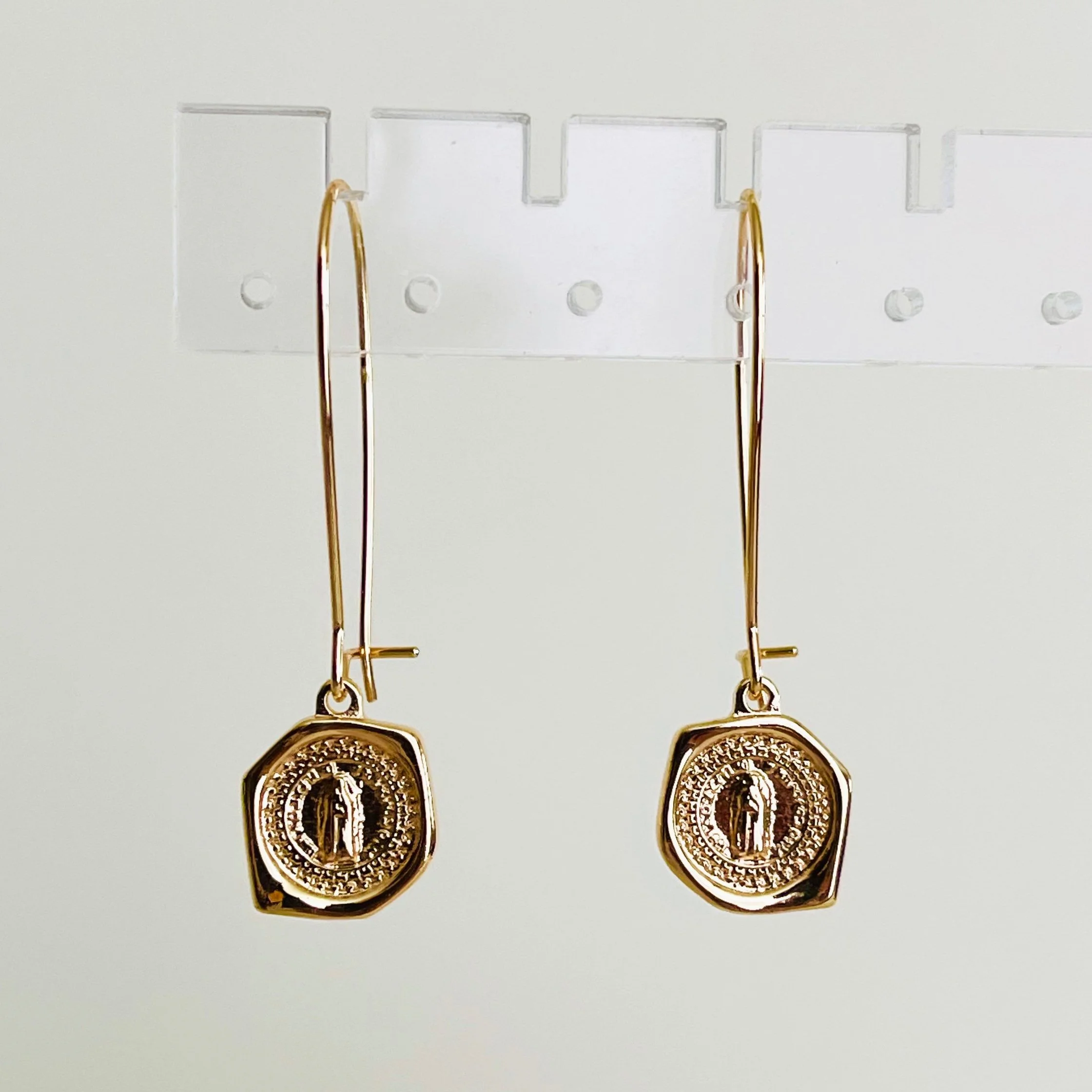 Mary Miraculous Medal Long Wire Drop Earrings