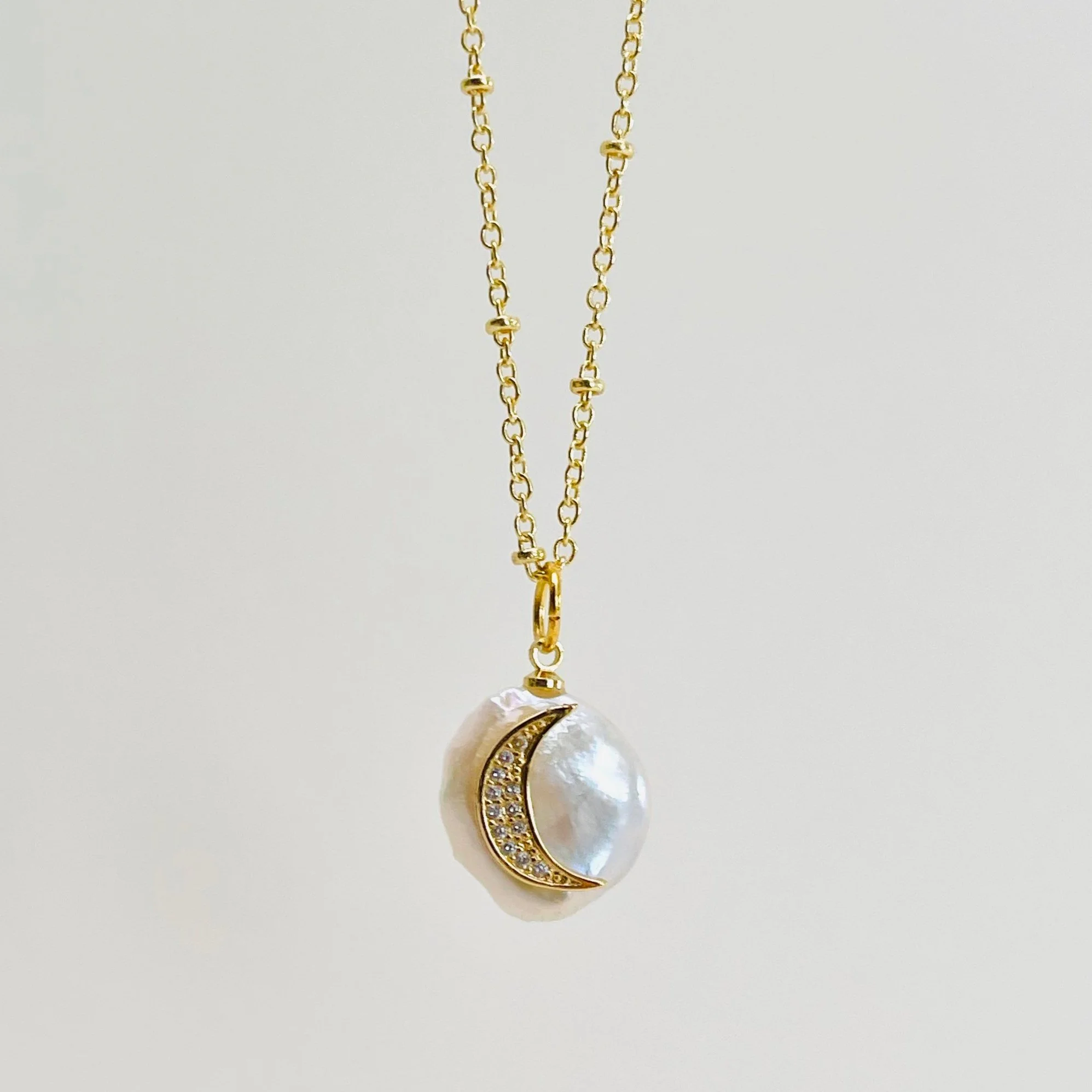 Baroque Pearl Pave Crescent Moon Pendant