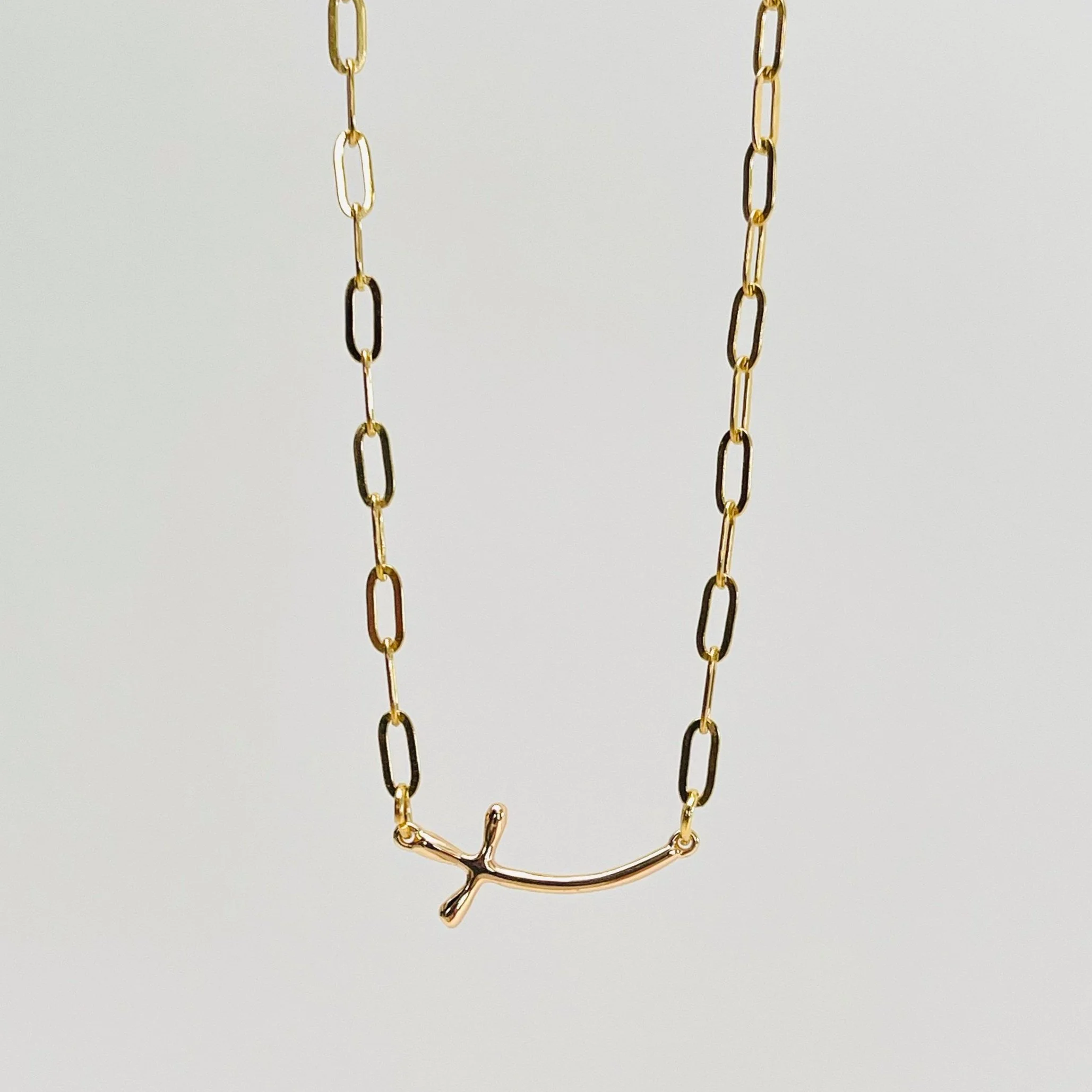 Hammered Gold Sideways Cross Necklace