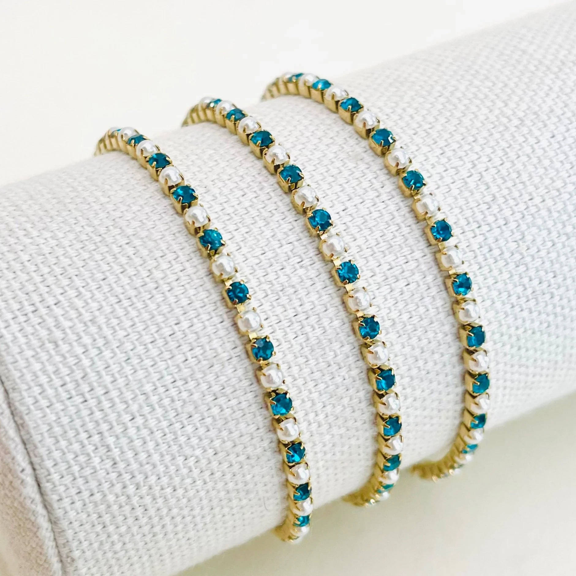 Blue Topaz and Pearl Tennis Bracelet - Stainless Steel