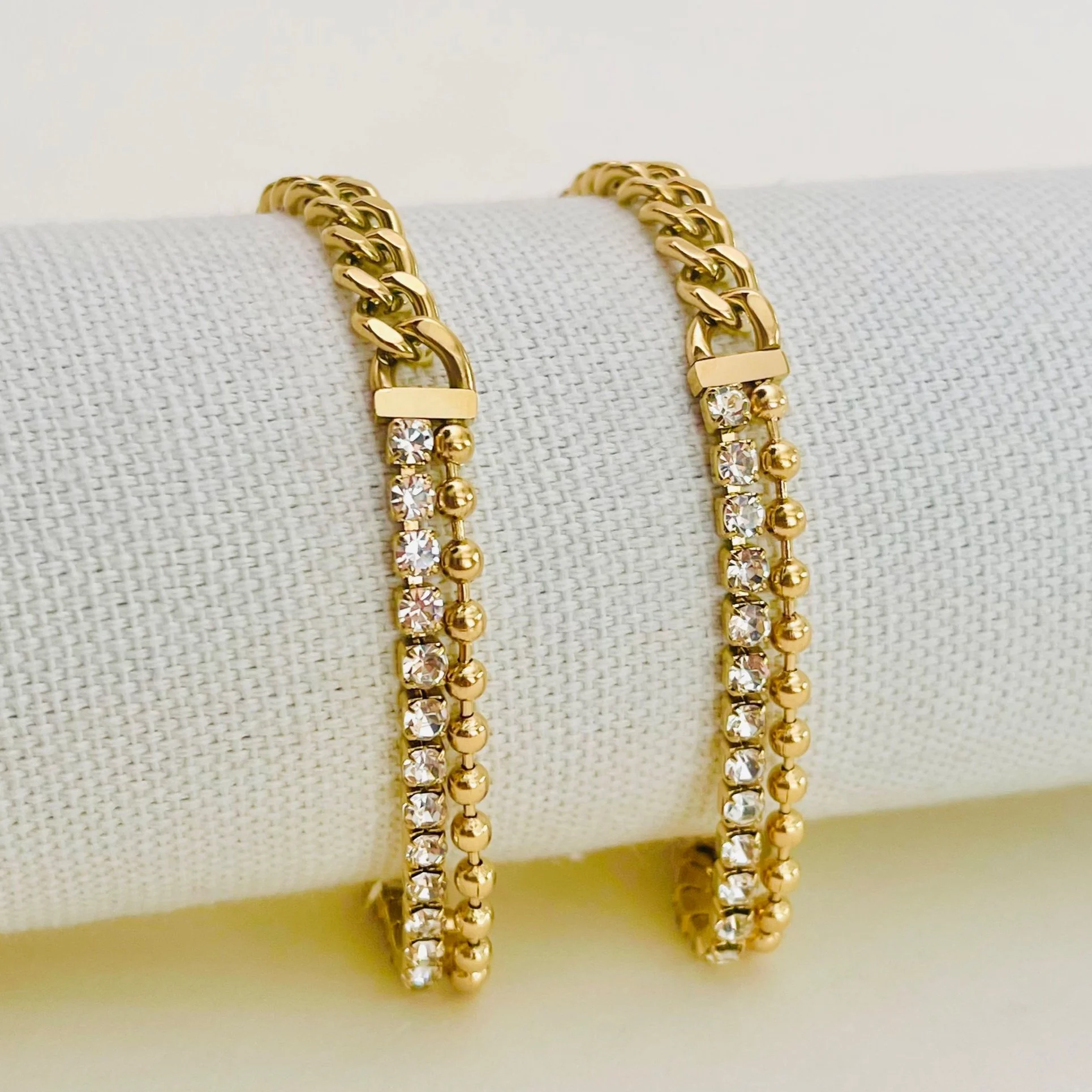 Crystal Curb Chain Duo Bracelet - Stainless Steel