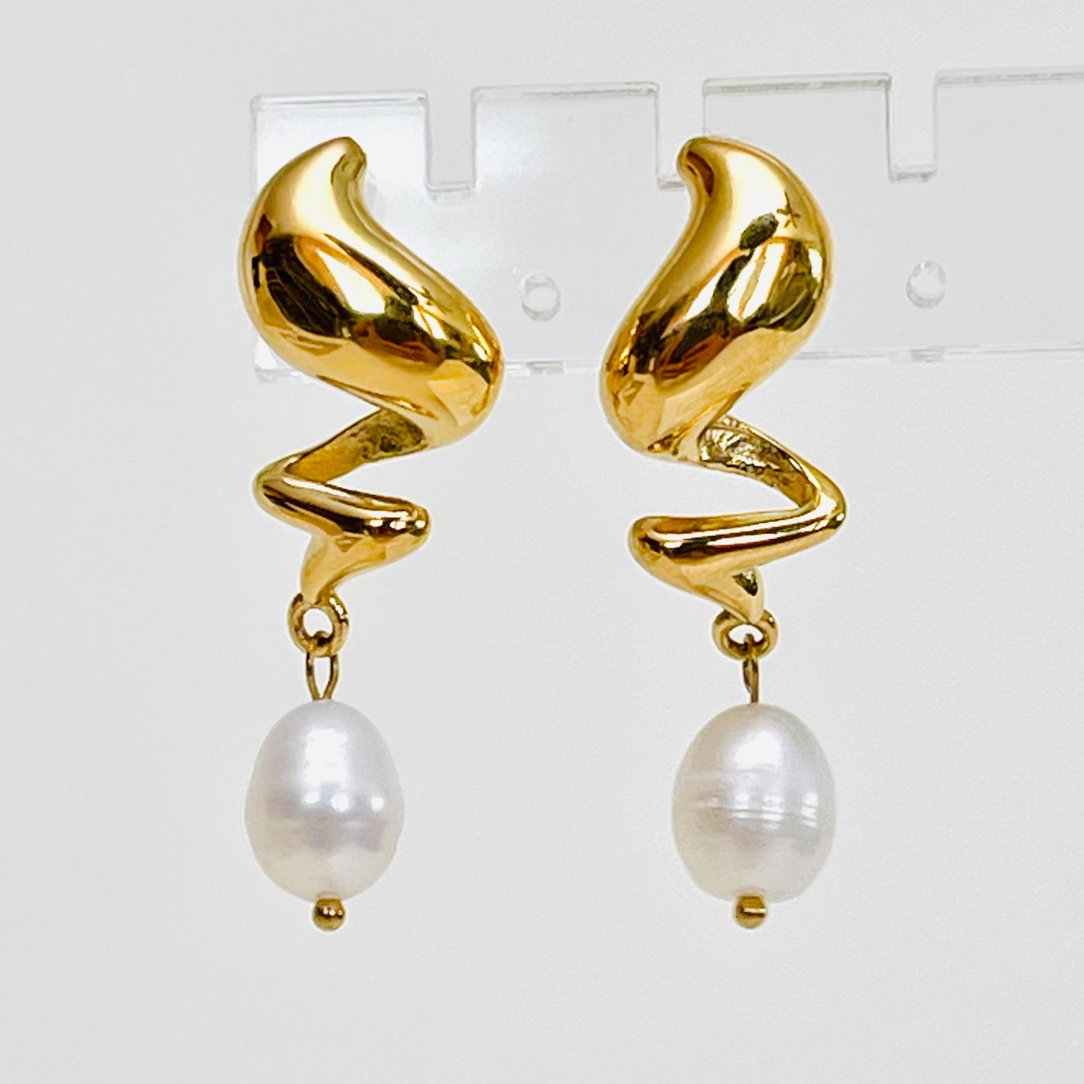 Golden Spiral Pearl Drop Earrings