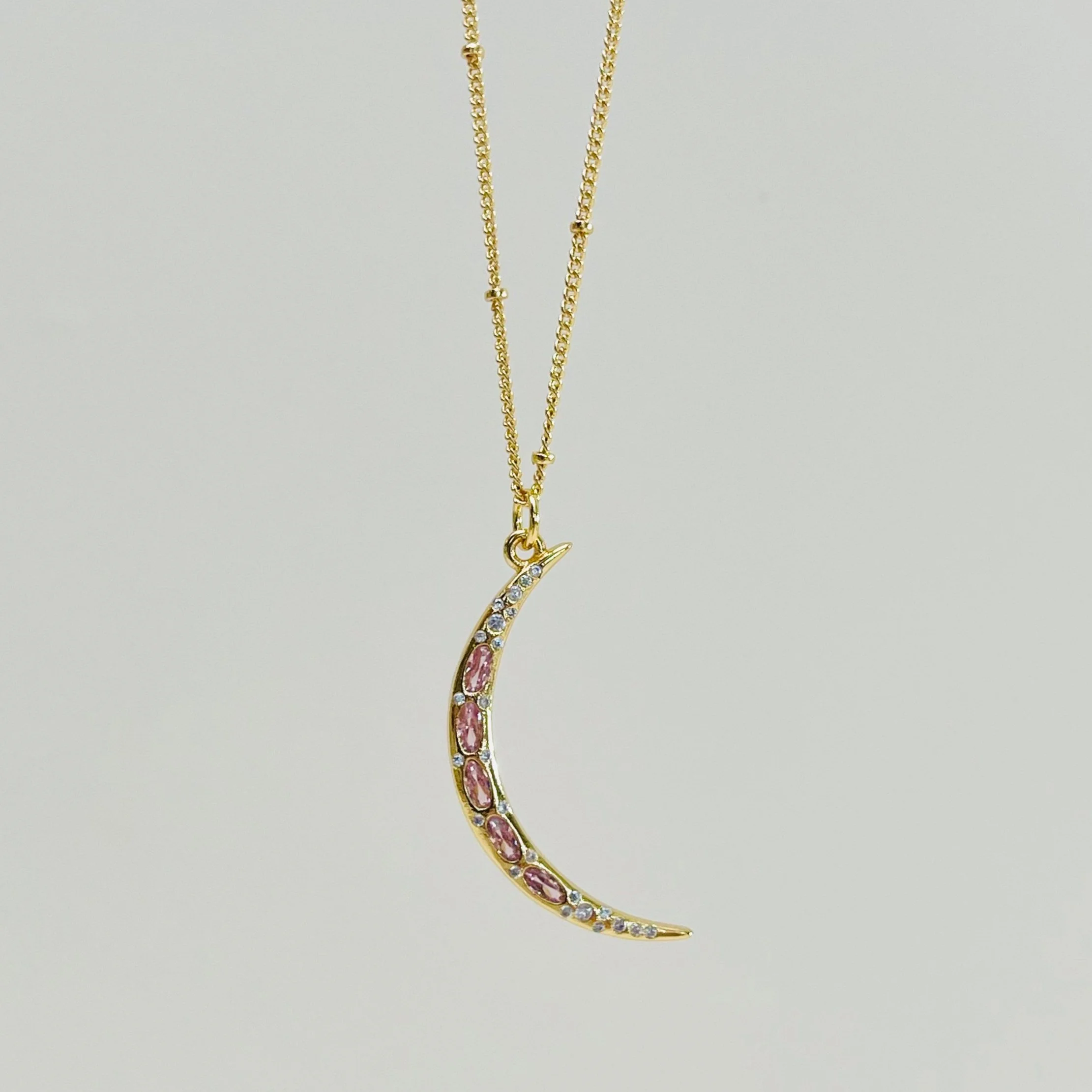 Pink Topaz Crystal Crescent Moon Drop Pendant