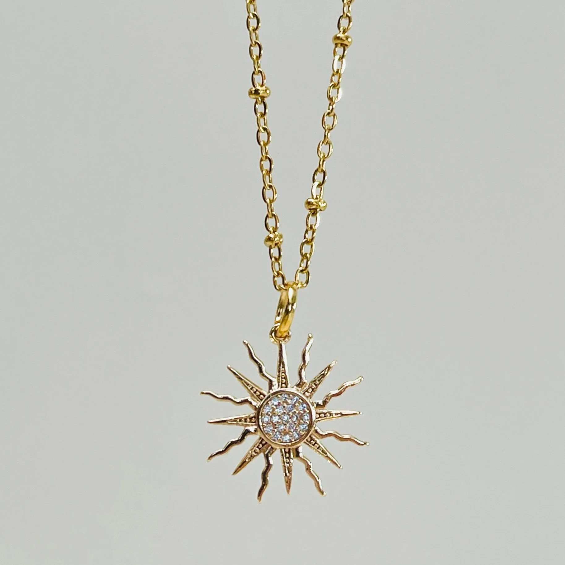 Golden Crystal Set Sun Ray Pendant Necklace