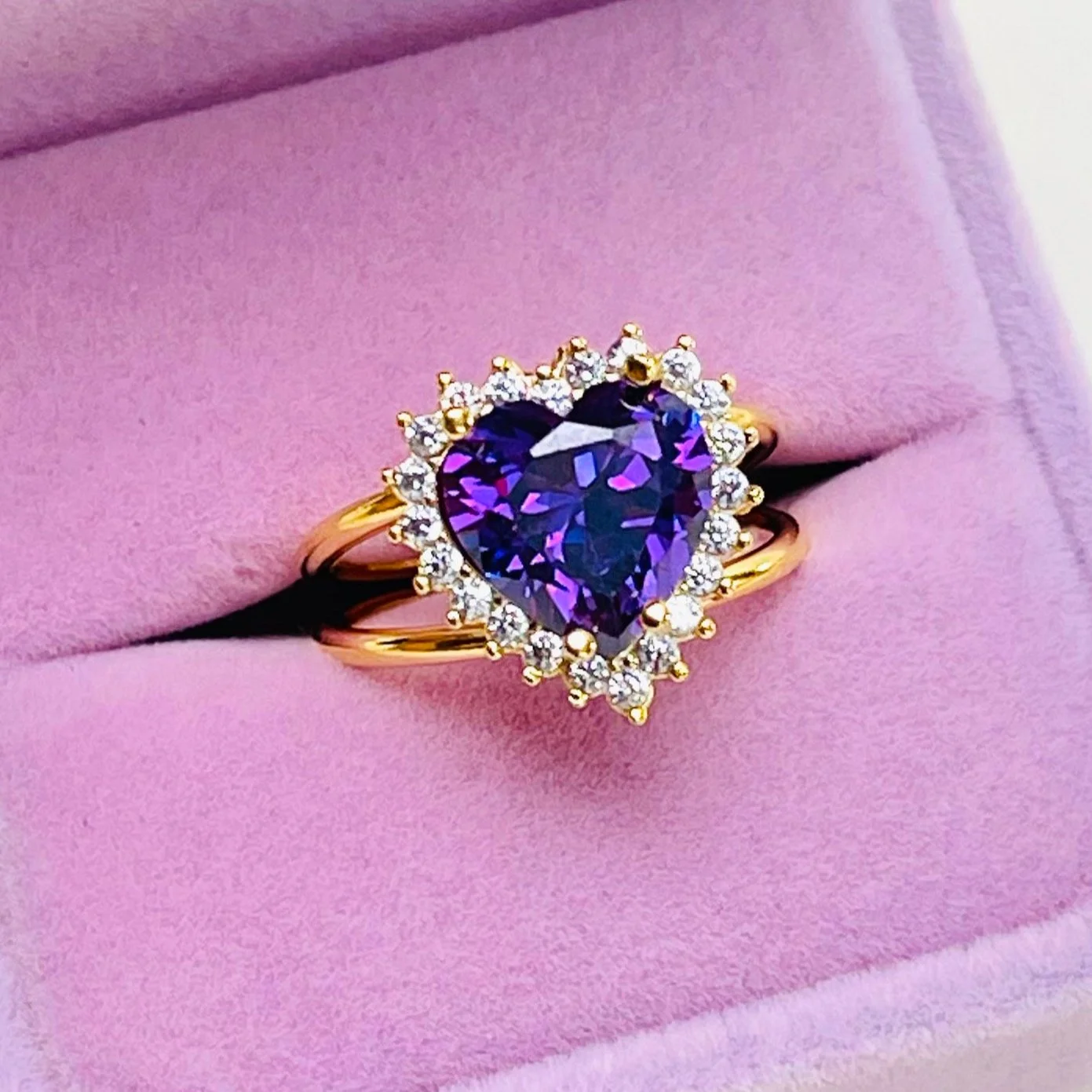 Violet Crystal Heart Cluster Set Ring
