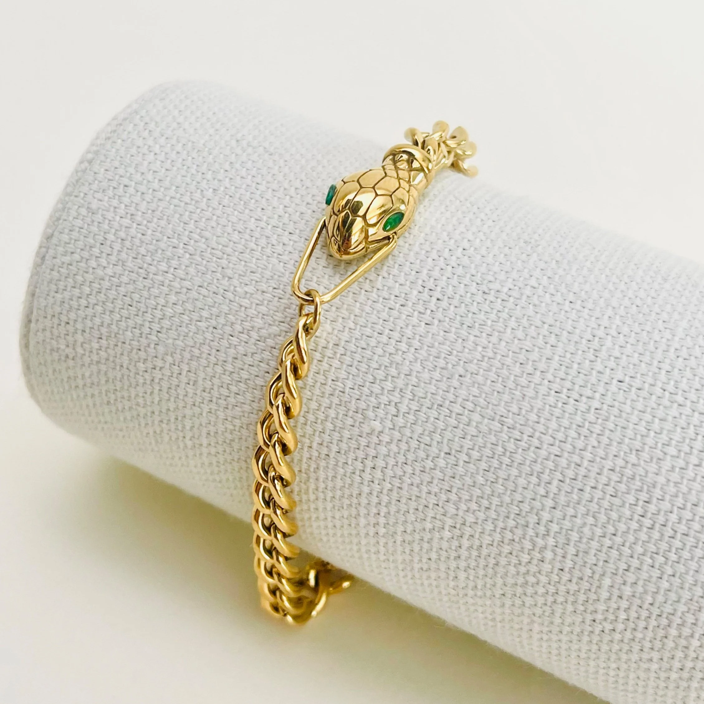 Golden Emerald Eyes Snake Statement Bracelet - Stainless Steel