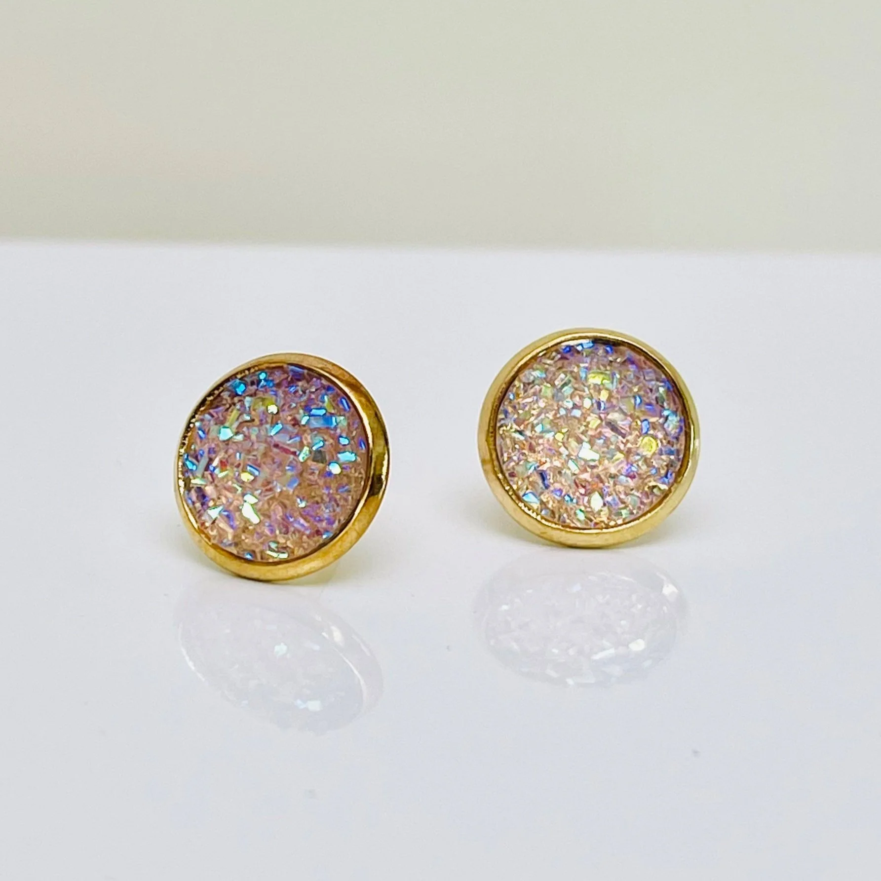 Iridescent Pink Druzy Stud