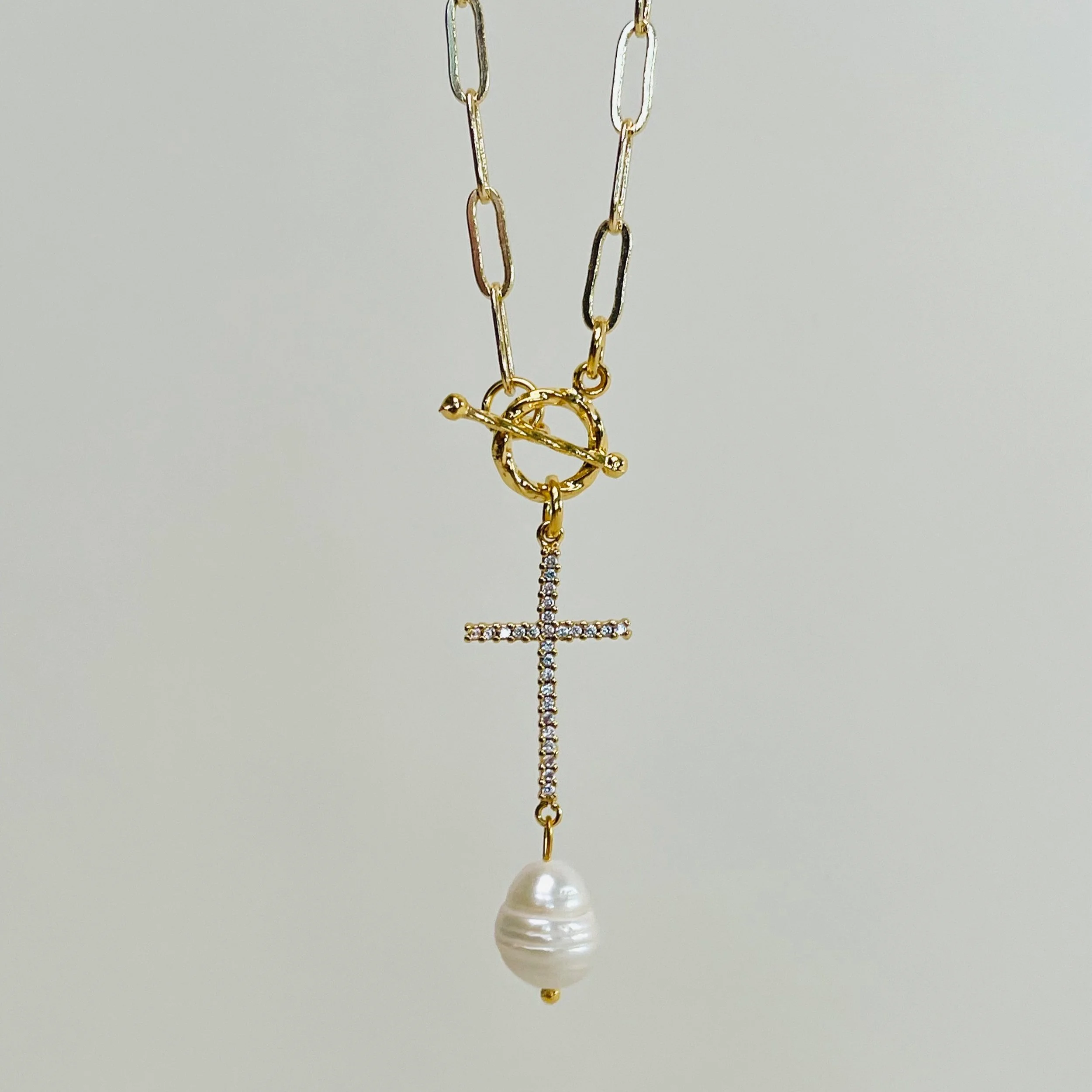 Pave Cross + Pearl Lariat Necklace