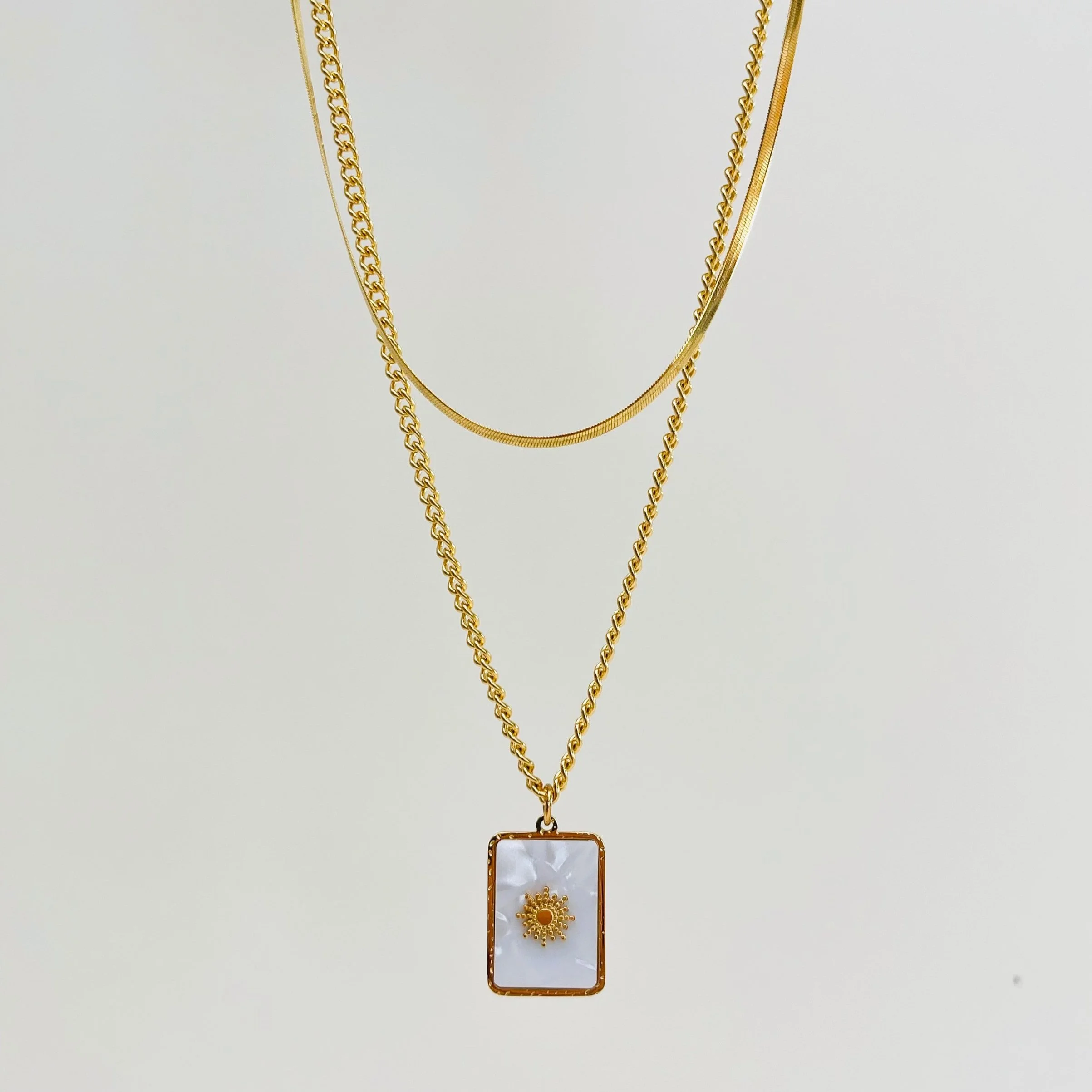 Mother of Pearl Sun Double Chain Necklace - Stainless Steel