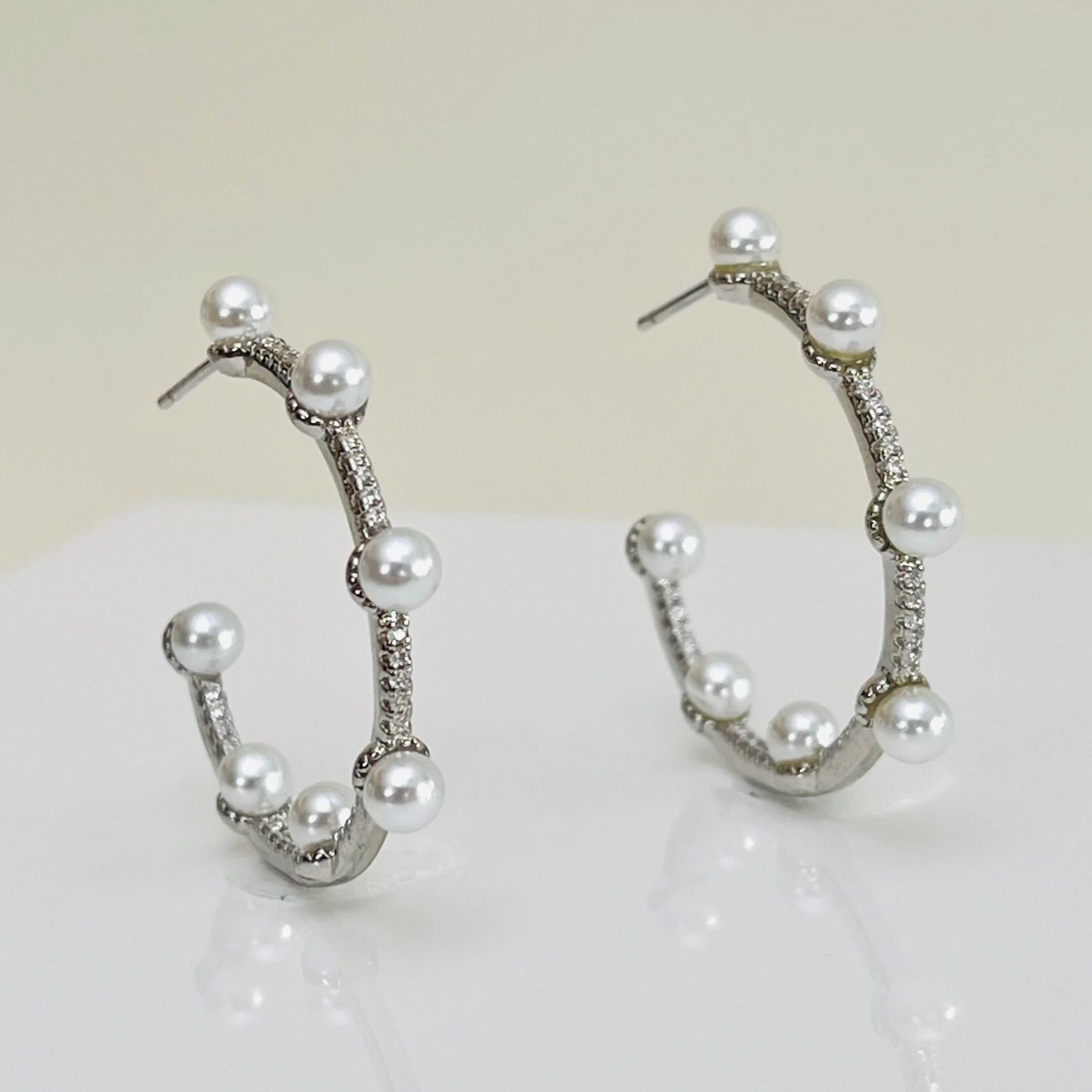 The Silver Pearl + Crystal Hoops