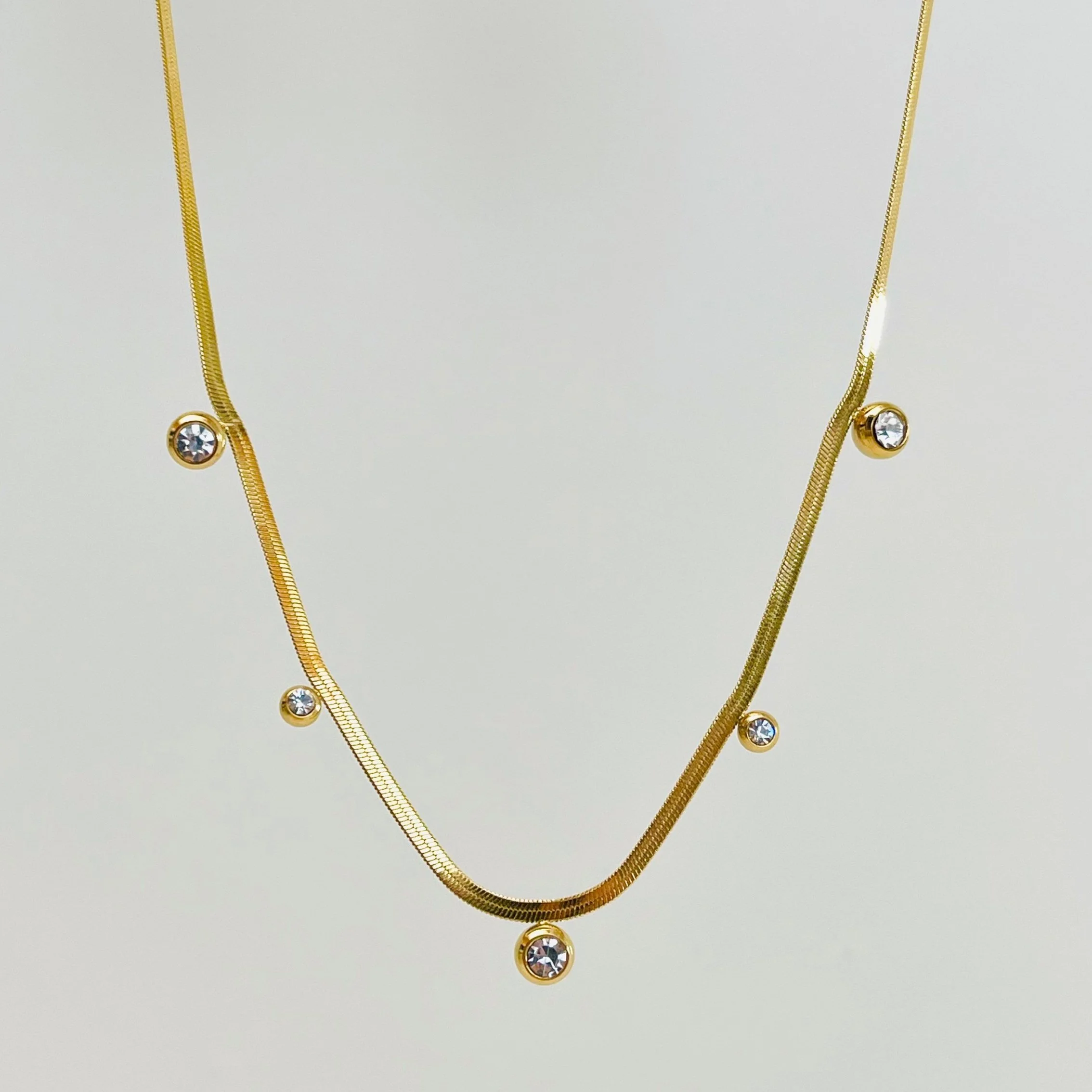 Bezel Crystal Gold Herringbone Layering Chain - Stainless Steel