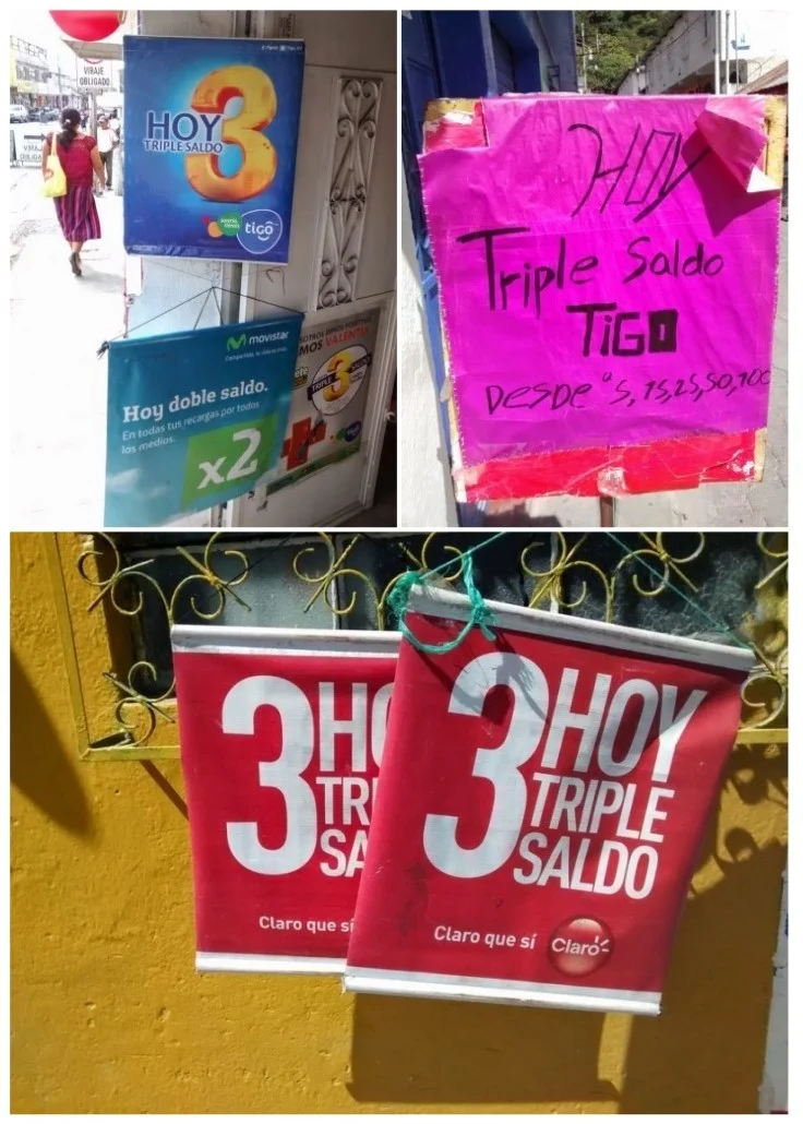 Examples of 3 for 1 or triple saldo sale signs.
