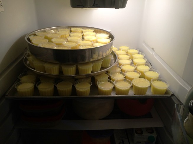 Estella, Abdul's mom, stored flan for the party in our fridge the night before. 