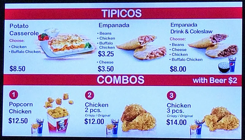 KFC Menu at the airport in Costa Rica