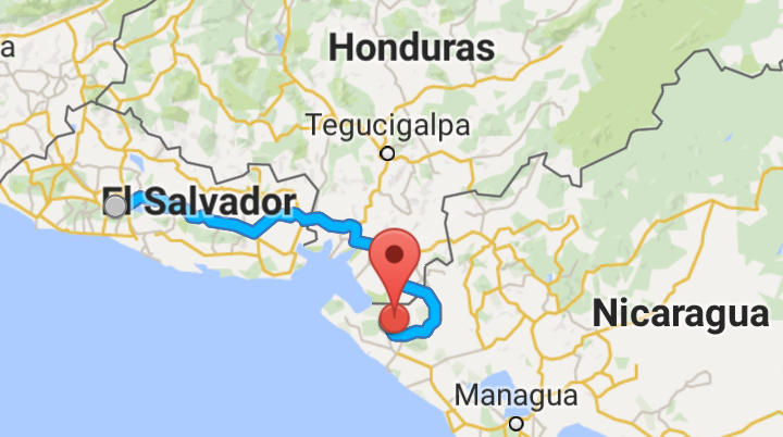 Our route for day 2. Cutting across the southern tip of Honduras and into Nicaragua.