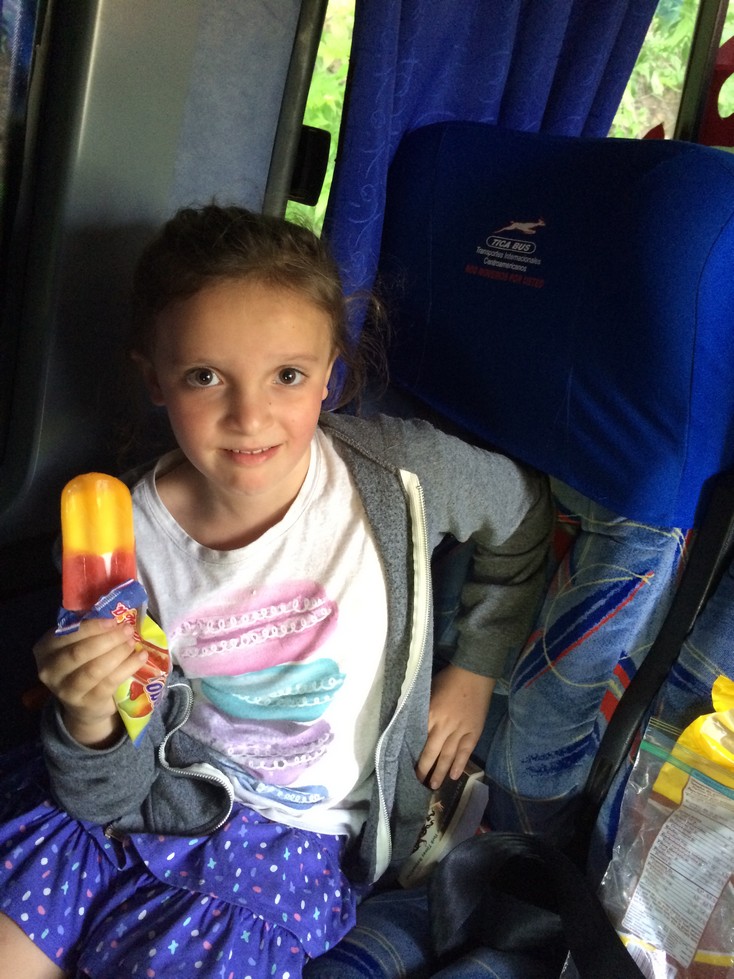 Ela bought this ice cream treat, took one bite and discovered ice cream inside. She avoids dairy when traveling. I ate the treat! Lucky for both of us and all the passengers on our buses, she never got sick once! I guess car sickness is only for cars.
