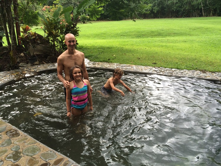 The kids loved the small pool. The water runs into a river located behind Ken at the end of the pool. 