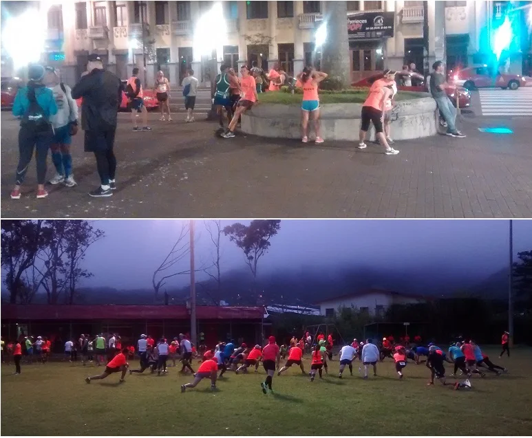 Top Pic - Runners waiting for the shuttle bus in downtown San Jose, Costa Rica at 4:15AM. Lower Pic - Runners stretching near the start an hour later.