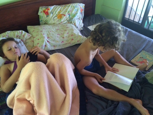 Long, lazy mornings. Often the kids will reach for books when they wake up. Elle is reading on her Kindle. Tag is reading a Headsprout book, one of many from a phonetic reading program that I brought from the US. It's an online program with about 80 accompanying books. Both kids went through the first 80 episodes and I highly recommend Headsprout to any struggling or new reader. 