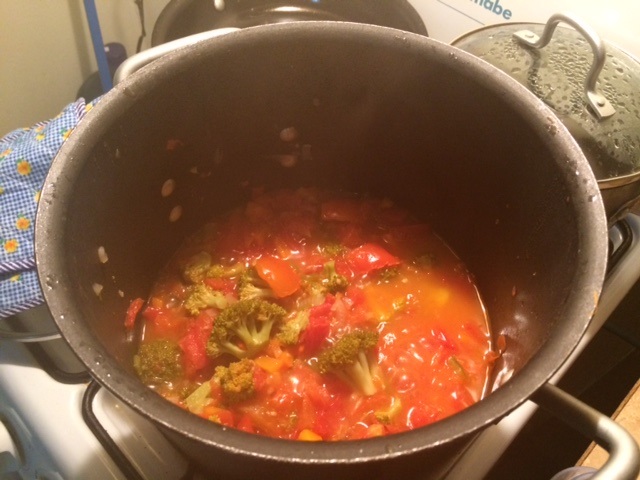 Homemade tomato sauce. Once it goes through the Vitamix, the kids will have no ideas how many veggies they're eating -- tomatoes, broccoli, peppers, carrots, onions, garlic to start. I tend to put in it whatever looks good at the market and whatever we have in the fridge. 