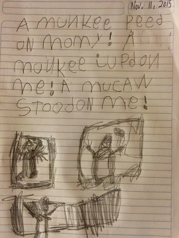 Tag's favorite memory from this day: "A monkey peed on mommy (yes it really happened). A monkey jumped on me. A macaw stood on me."