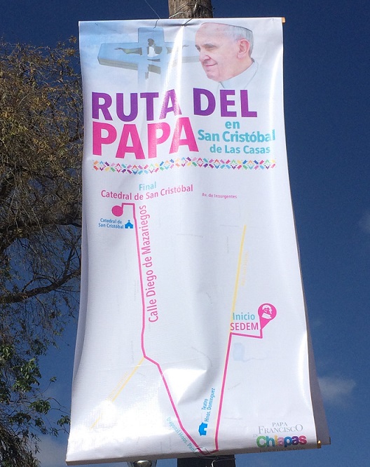 The route of the Popemobile was hung prominently on telephone polls and light posts throughout town.