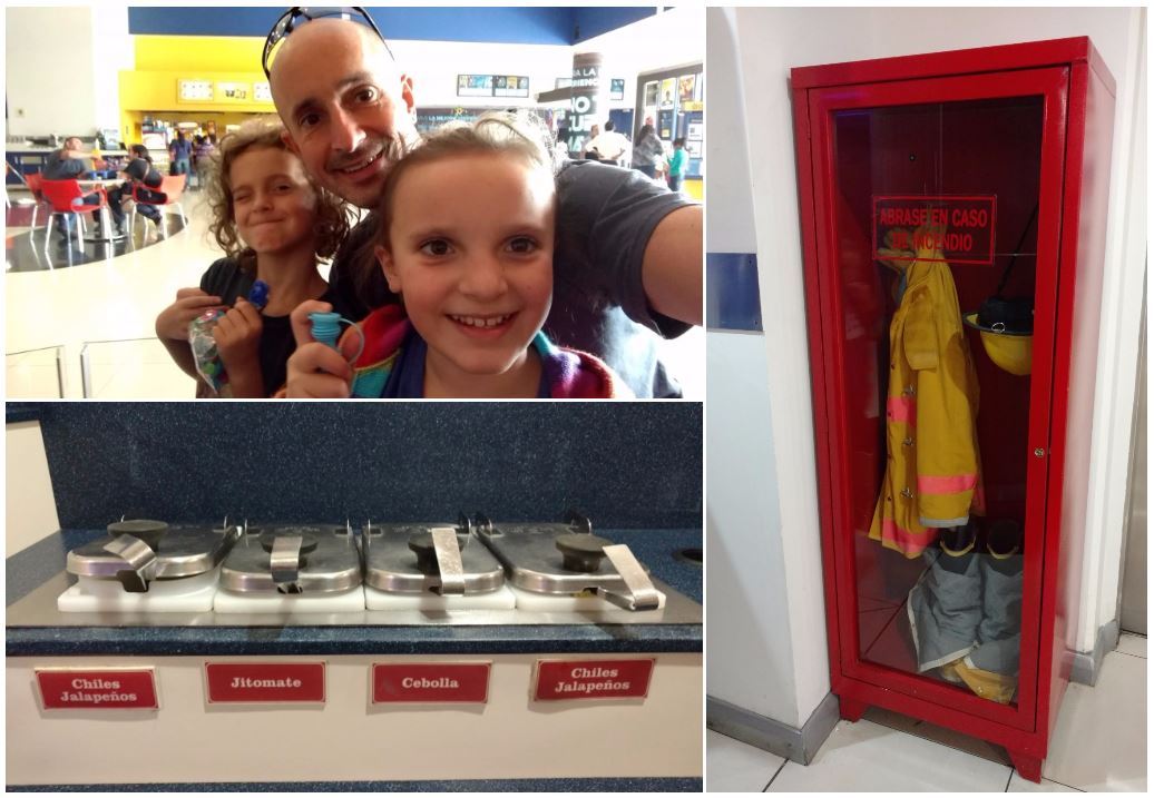 The condiment bars are always a treat. It's not unusual to see people putting ketchup and mayonnaise on pizza or corn. Want to be a fire fighter? Hang out at the theater and wait for an opportunity to try your skills. 