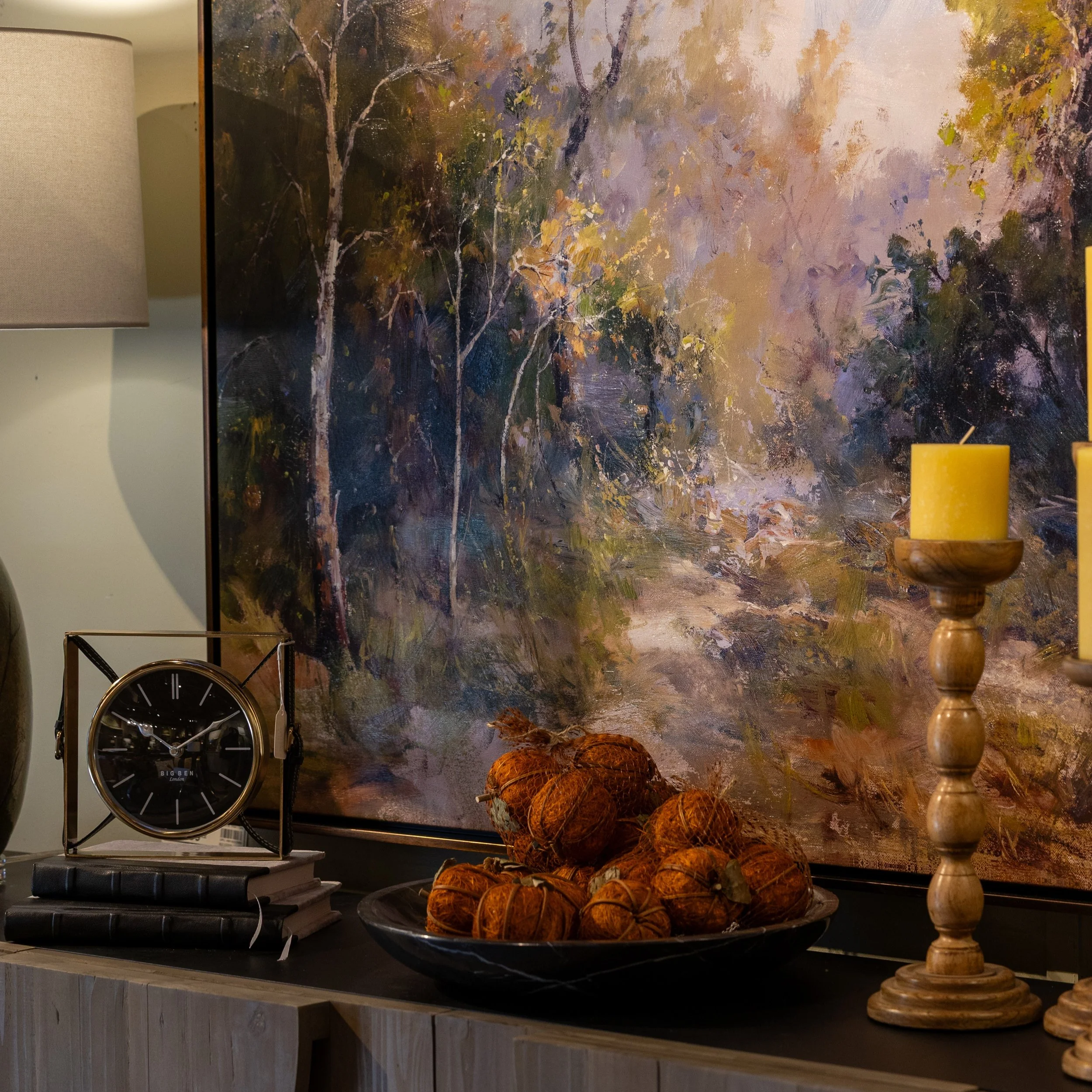 A warm, collected moment where art and autumn tones come together. 🍂✨

From the rich landscape artwork to the natural textures and warm wood accents, every detail adds depth and character to this inviting space.

Create a home that feels collected, 