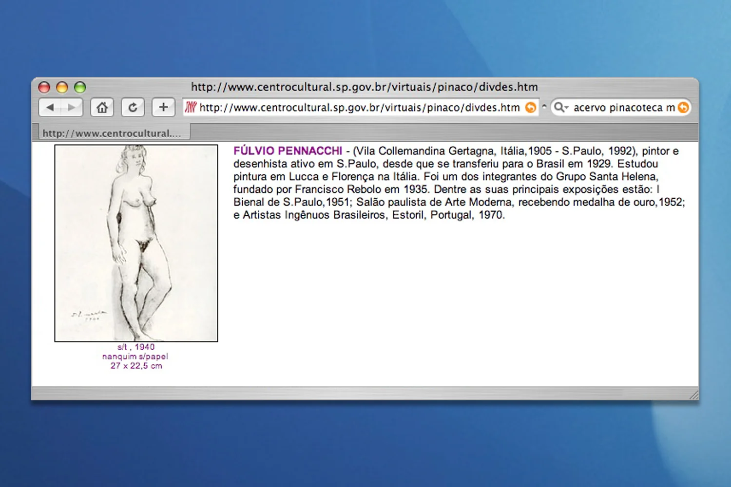 Página do site do acervo da Pinacoteca Municipal, da qual foi apropriada a imagem de um dos desenhos representados por seu código binário na obra Acervo. 