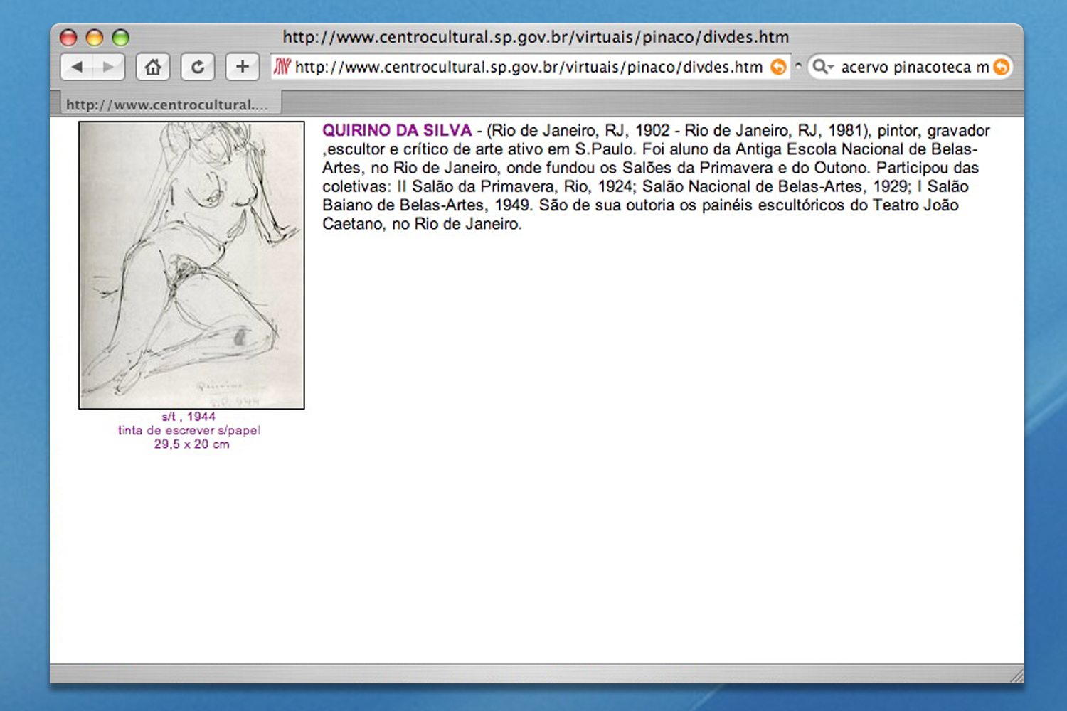   Página do site do acervo&nbsp;da Pinacoteca Municipal,&nbsp;da qual foi apropriada&nbsp;  a imagem de um dos desenhos&nbsp;representados por&nbsp;seu código binário na obra Acervo. &nbsp;  