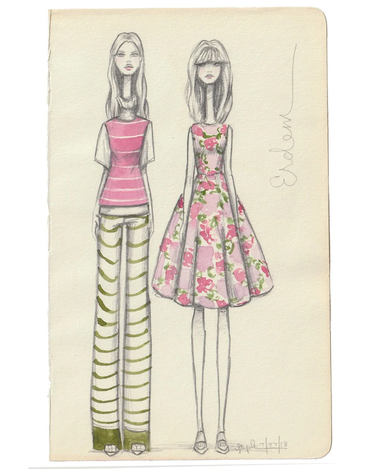 stephanie-j-schiller-fashion-art-pencil-watercolor-green-stripe-pants-pink-top-pink-floral-dress-web.jpg