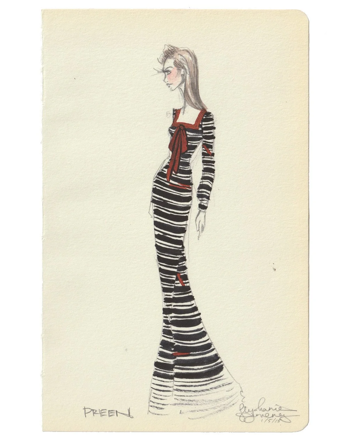 stephanie-j-schiller-fashion-art-pencil-watercolor-preen-black-white-stripe-dress-red-bow-web.jpg
