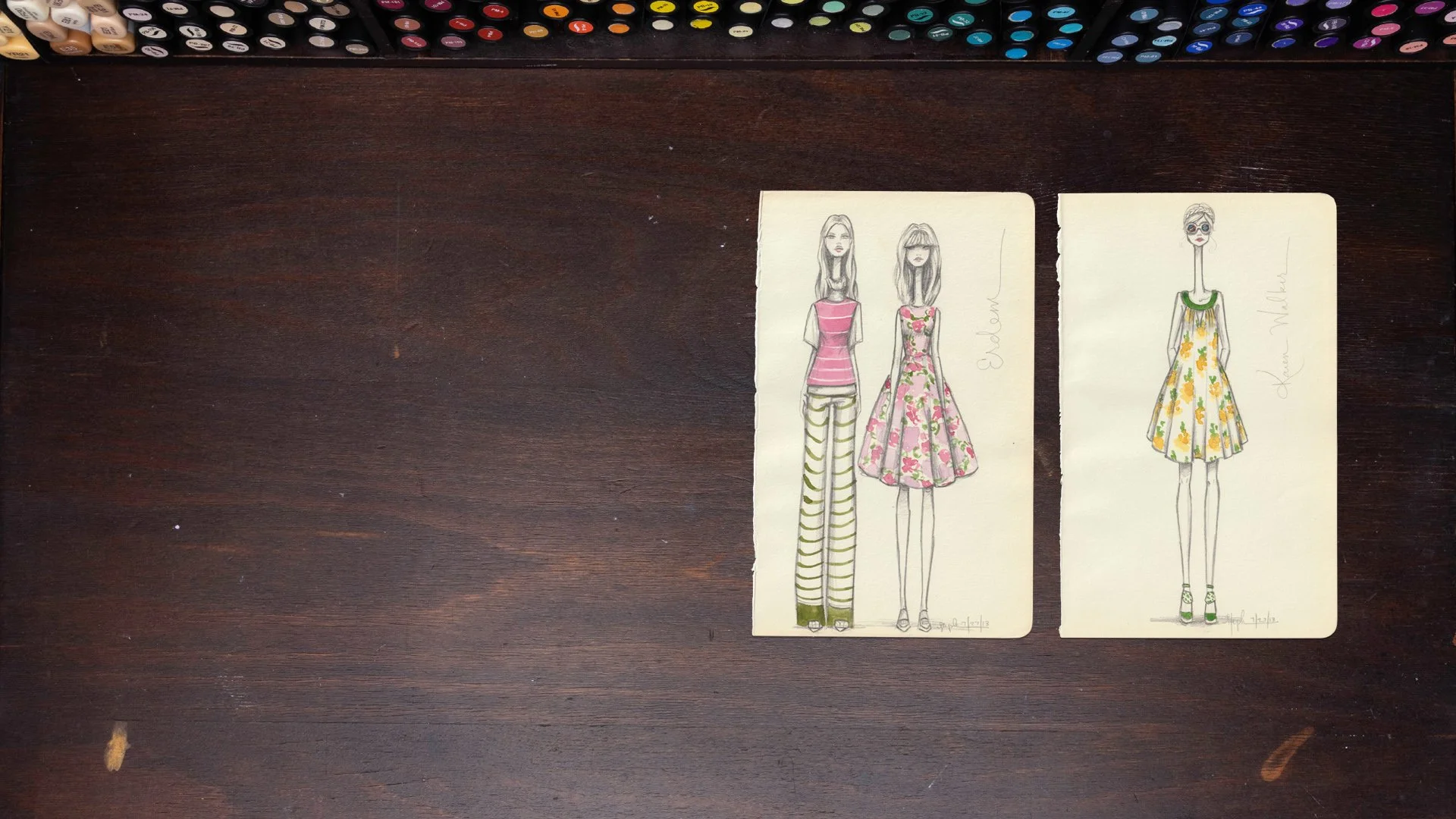 Pencil and watercolor fashion illustration of Erdem and Karen Walker dresses and pant in green, pink and yellow