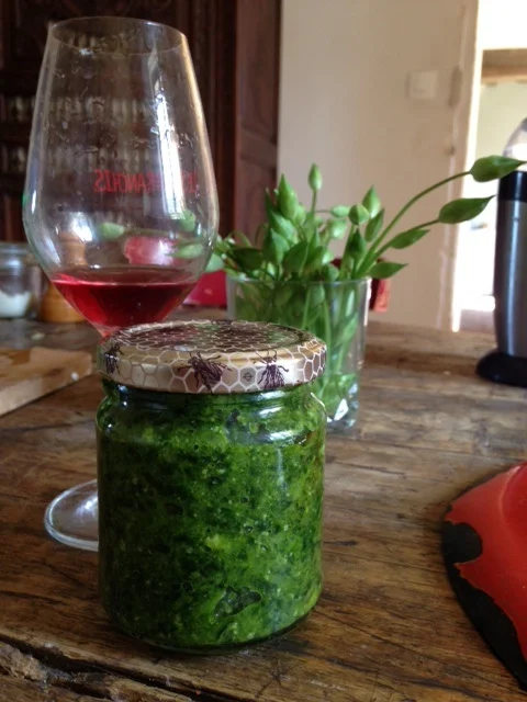 Potted Wild Garlic Pesto with a glass of Noella Morantin's rosé "Marie Rose", photo courtesy of Ben Nerot