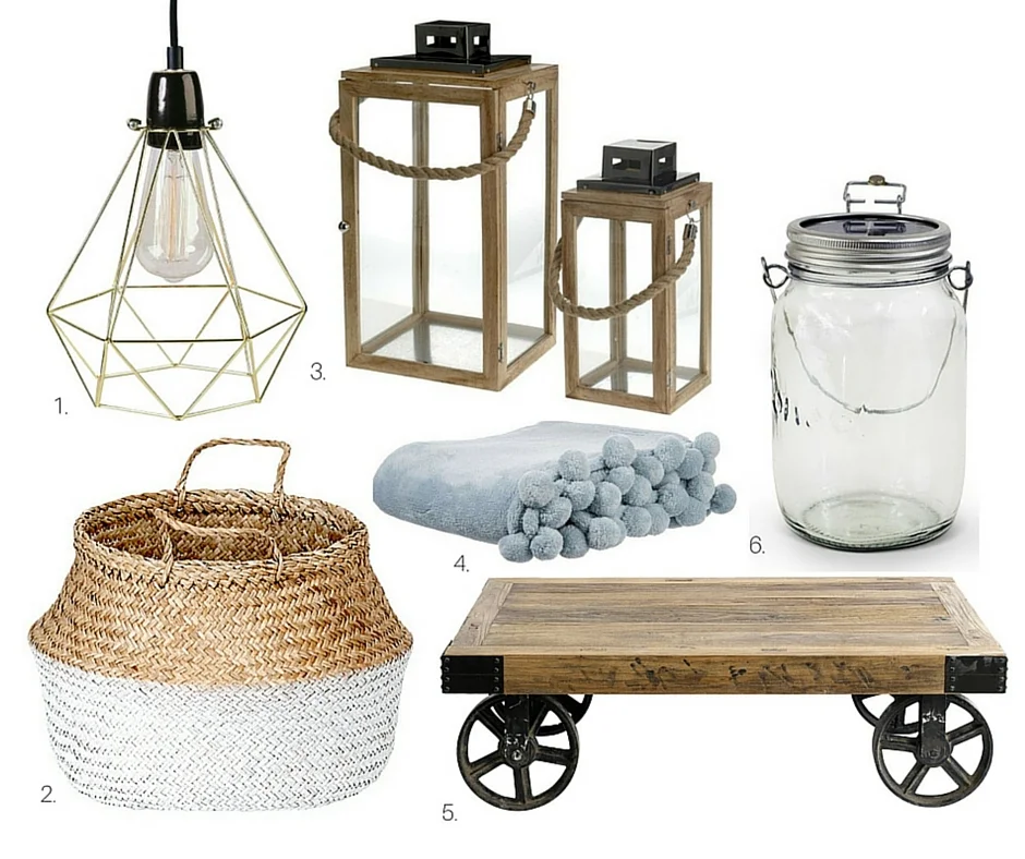 1. Lampa: lightonline.pl , 2. kosz: monkeymachine.pl , 3. Lampiony: dekoracjadomu.pl , 4. Koc z pomponami: miahome.pl , 5. Stolik na kołach: northstyle.pl , 6. Lampa LED-słoik: lightonline.pl