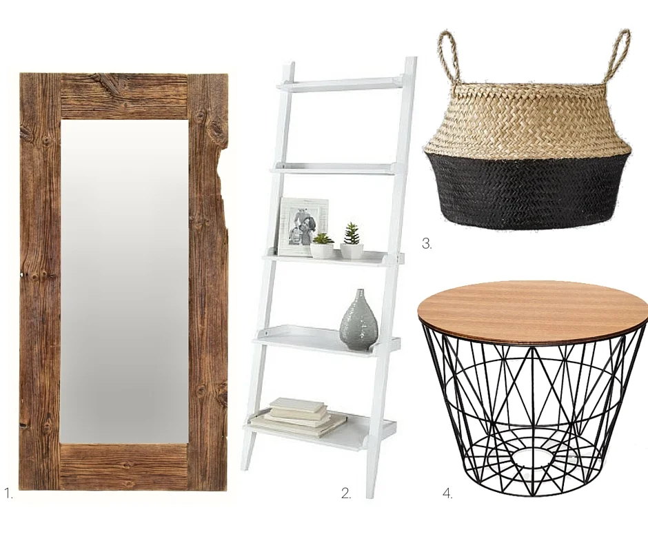 1. Lustro: miahome.pl , 2. Drabina dekoracyjna: miahome.pl , 3.Kosz: smukke.pl, 4. Kosz: fermliving.com , pokrywka na kosz: gatherhomeandlifestyle.com