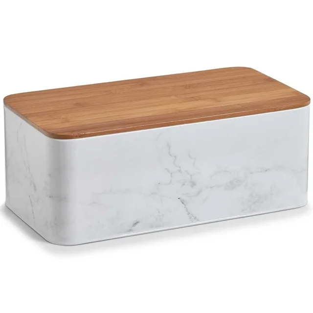 metalowy chlebak marble z bambusową deską do krojenia