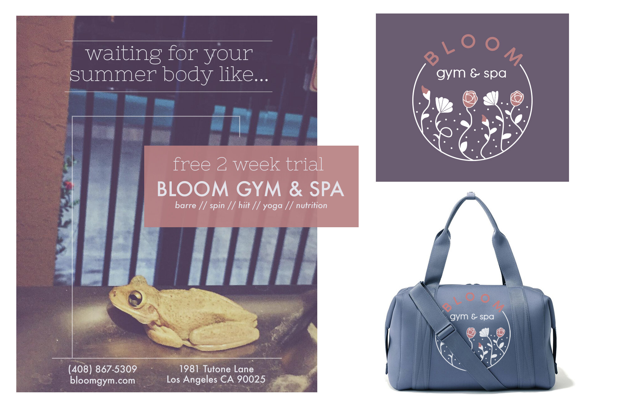 Bloom Gym and Spa Logo Mockup with Poster and Product (frog photo my own, duffel is from Dagne Dover)