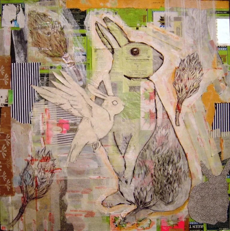   Haresome , 2009, mixed media on mat board, 20" x 20" 