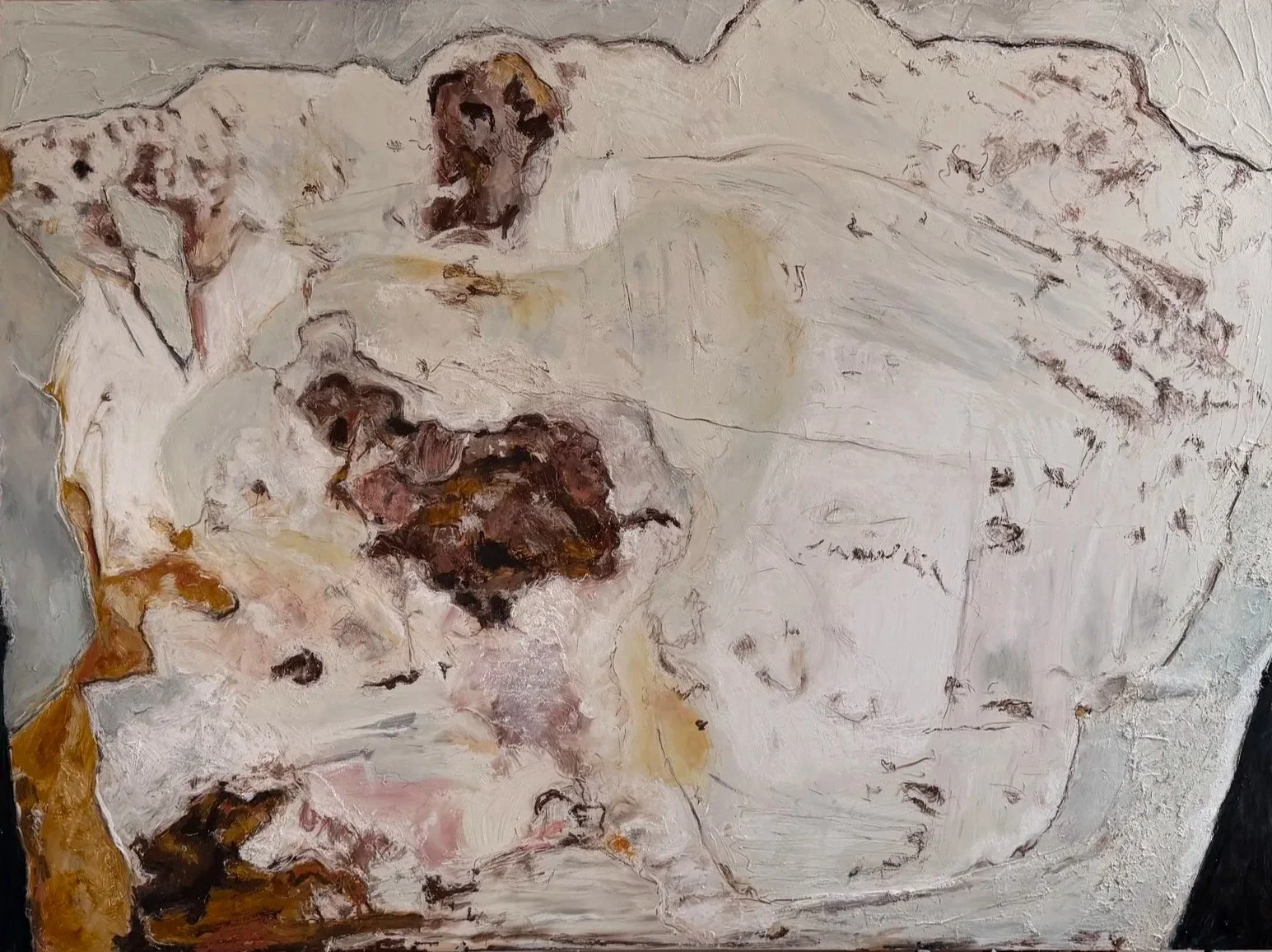   Warmer climes , January 2026, oil stick, oil pastel, and chalk pastel on wood, 48 x 36” 