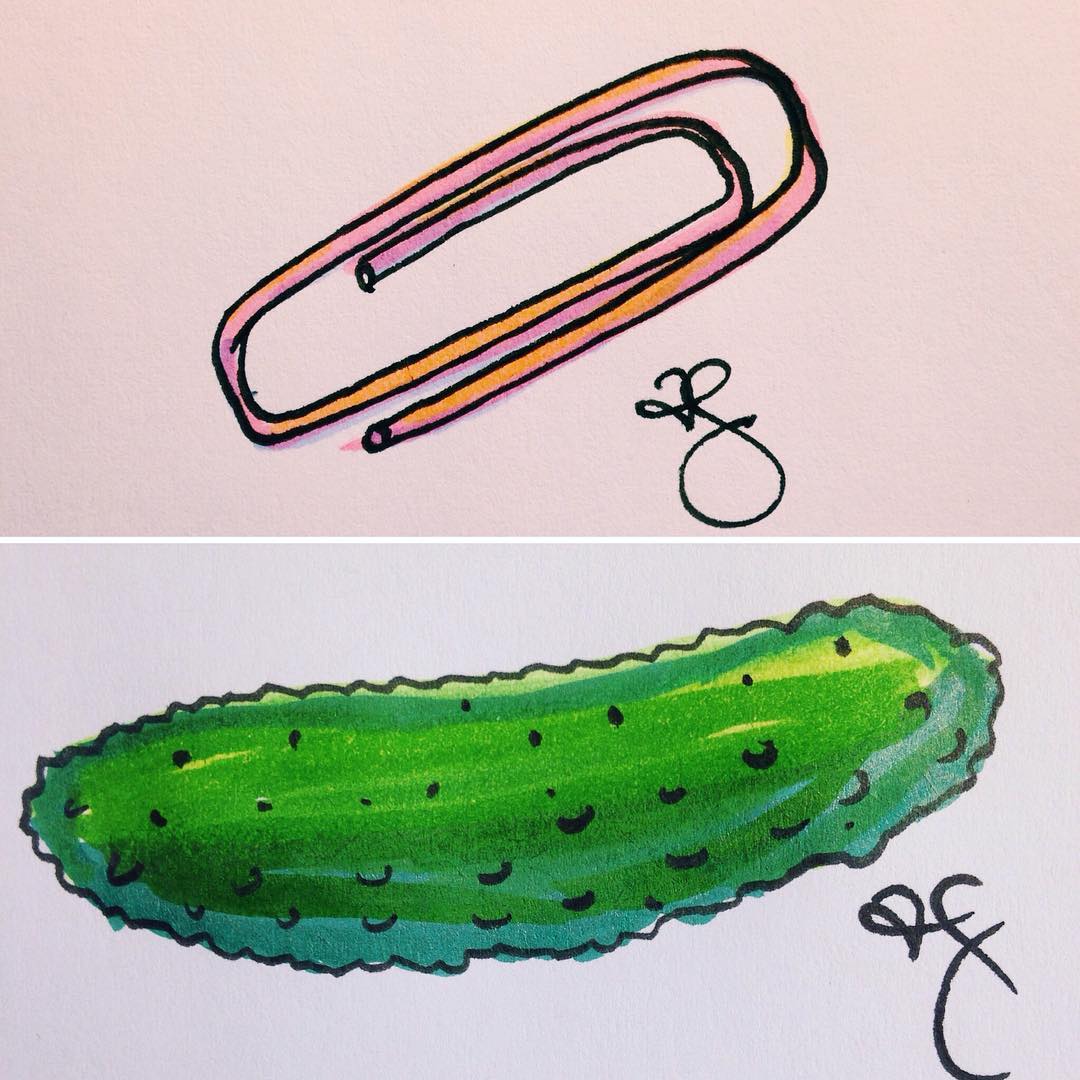 &ldquo;a paperclip&rdquo; and &ldquo;a pickle&rdquo; - today&rsquo;s #642thingstodraw exercise with my #artsnacks haul 🎨🎉📎 #ink #markers #copic #koi #sketch