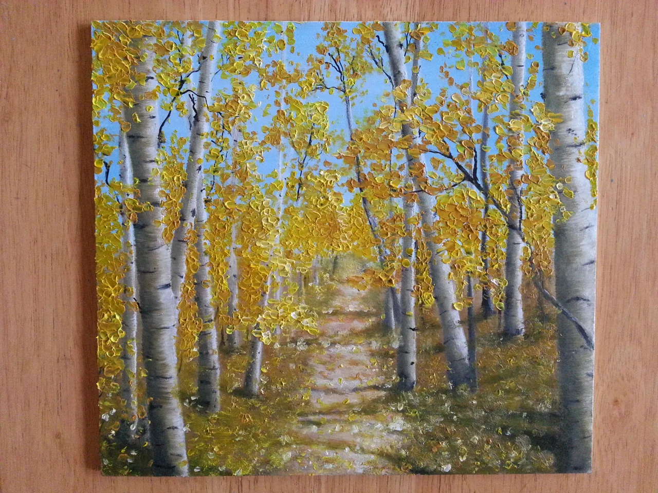 eatsleepdraw:

Aspens forest in the fall. Oil paint on wood board. 