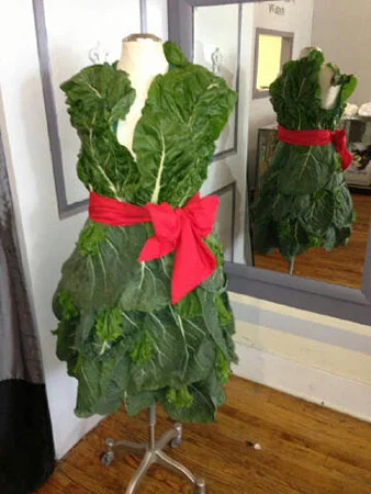 ncpr:

Artwork of the Day: “Collard Green Dress,” produce and thread. Rochester RN (and food-based fashion designer) Theresa Lou Bowick is on a crusade to teach people the dangers of obesity and the benefits of a healthy diet and exercise. Read the …