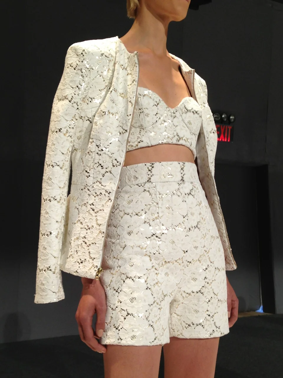 womensweardaily:

White French lace over platinum metallic python at Mathieu Mirano