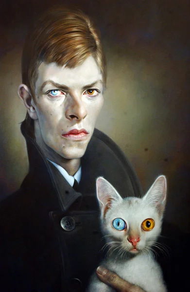 cuteboyswithcats:

bowie and cat, painted by german artist, sebastian krüger