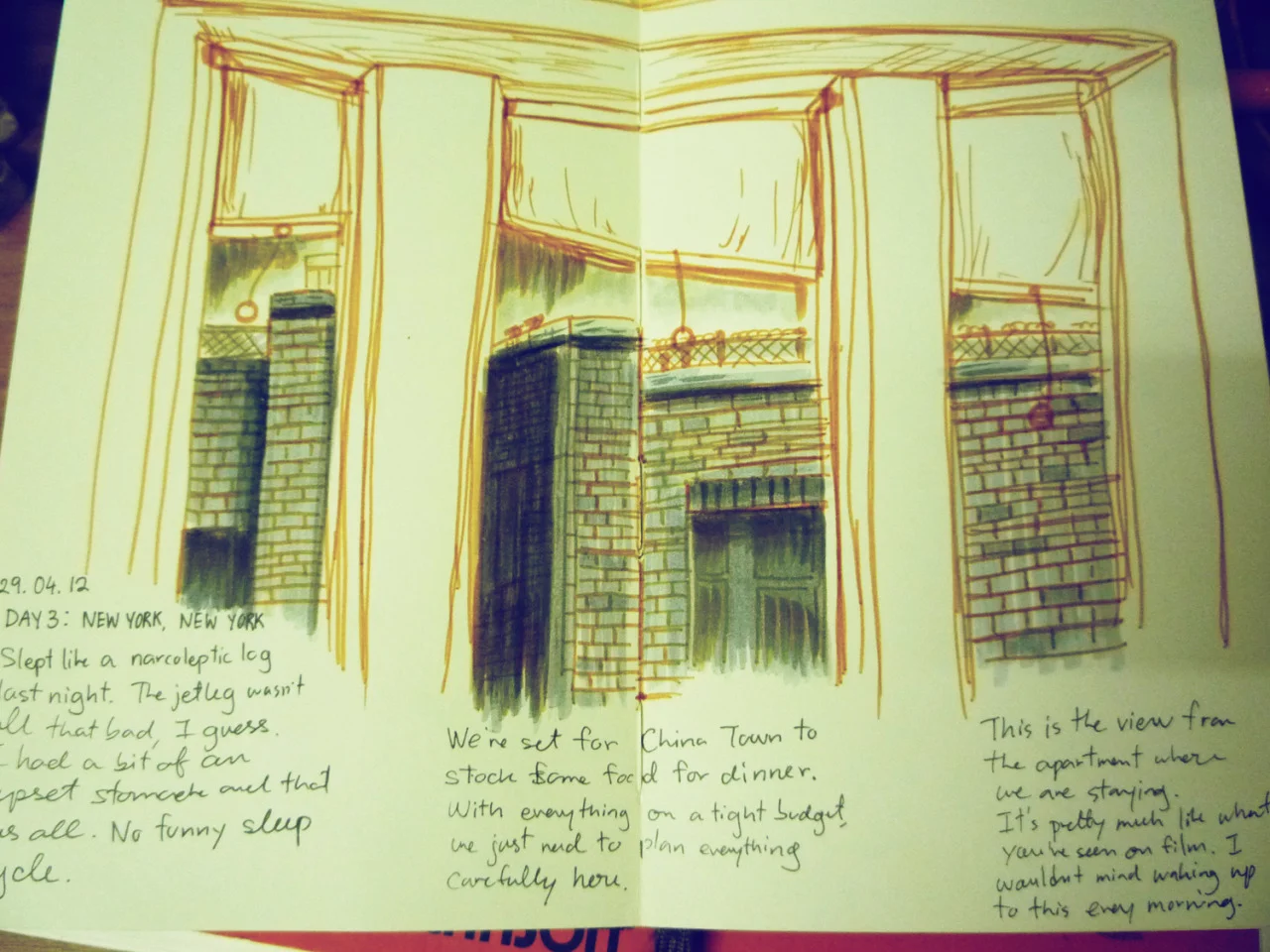 fuckyeahmoleskines:

Second day in Manhattan, NYI remember sitting there on the floor sketching this drawing on a fine Saturday morning, waiting for a friend to come home so we could go shopping at China Town together.