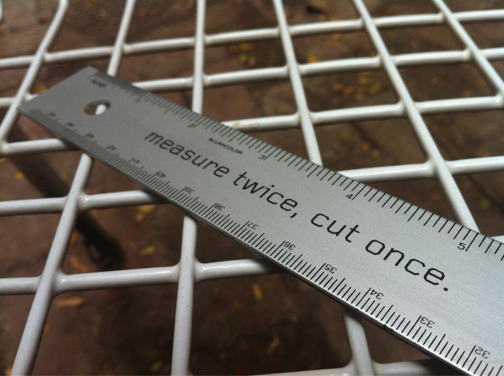 followsuchandsuch:

Measure twice, Cut once. Laser transferred on to aluminum using TherMark and our 80watt laser.