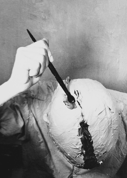 efedra:

Self-Painting, 1965 by Gunter Brus
“Self-painting is a further development of painting. The pictorial surface has lost its function as sole expressive support. It was led back to its origins, the wall, the object, the living being, the huma…